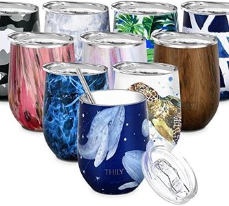 Vacuum Insulated Stemless Wine Tumbler - THILY 12 oz Stainless Steel Travel Wine Glass Cup for Wine, Coffee, Cocktails, with Lid, Reusable Straw, Fantasy Whale