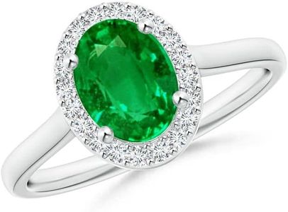 Angara Natural Emerald Engagement Ring for Women | Prong-Set Oval Emerald and Diamond Halo Engagement Ring in White Gold | May Birthday, Gemstone Jewelry Gift | AAA | 8x6mm | Ring Size- 6.5