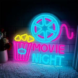 Movie Night With Popcorn Paper Box Neon Sign, Cinema LED Neon Light for Wall Decor, Movie Time Home Cinema Decor, Dimmable USB Neon Lights for Film Room Cinema Man Cave Party Birthday