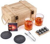 Whiskey Glasses and Stones Set Gift for Men Husband Dad 8 Whisky Granite Chilling Rocks- 2 Glasses 10 oz - 2 Coasters - Tongs - Cocktail Recipes - Classic Wooden Box for Him Present