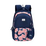 Genie Vibes Backpack for Girls, 17" Cute, Colourful Bags, Water Resistant and Lightweight, 3 Compartment with Happy Pouch, 27 Liters, Nylon Twill, Navy Blue