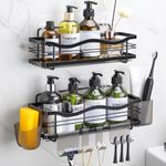 ALOCEO Shower Caddy 2 Pack, Shower Shelf No Drilling, Rustproof Stainless Steel Shower Storage for Razor Soap and Shampoo, Bathroom Storage with Additional 6 Hooks, Black