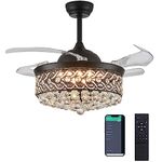 DuMaiWay Reversible Crystal Ceiling Fan with Lights and Remote Retractable Fan Chandelier Noiseless Fandelier Modern Dimmable LED Fan Light Kit for Bedroom Dining Room 42 Inch