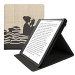 kwmobile Cover Compatible with Amazon Kindle Scribe Case - Stand + Strap - Girl and Books Black/Beige