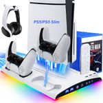 LYtech PS5 Slim Stand with Cooling Station and Controller Charging Station for Playstation 5, PS5 Accessories with 3 Levels Cooling Fan, RGB LED Light, 3 USB HUBs, Headset Holder, 13 Game Storage