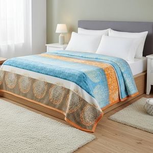 DaDa Bedding Flannel Throw Blanket - Papaya Beach Exotic Warm Fleece - Soft Bright Vibrant Striped Paisley - Multi Colorful Orange Blue - 80" x 90"