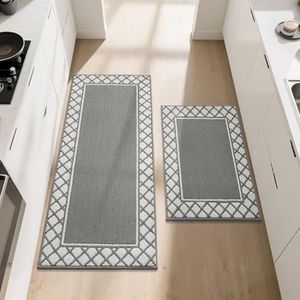 COSY HOMEER Kitchen Rug Mat Sets, 2 Pieces Nonslip Washable Kitchen Floor Mats Rugs, TPR Backing Carpet Runner Rugs for Hallway Entrance Dining Room, 60X89cm+60X152cm, Grey