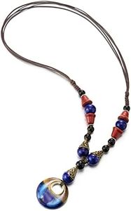 COOLSTEELANDBEYOND Boho Etnico Lunga Statement Dichiarazione Collana Legno Perline Nero Blu Pietre Catena Stringa con Pendente Ovale Charms