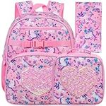 3PCS Unicorn Backpack for Girls, 16" Cute Sequins Kids Bookbag with Lunch Box, Elementary Preschool Kindergarten School Bag Set - Pink