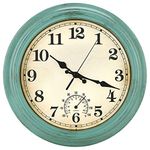 12 Inch Indoor/Outdoor Retro Waterproof Wall Clock with Thermometer,Vintage Battery Operated Silent Non Ticking Quartz Clock Wall Decorative for Kitchen/Bedroom/Living Room/Bathroom/Patio-Olive green.