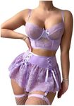 OYOANGLE Women's 5 Piece Floral Lace Garter Babydoll Lingerie Set Mesh Underwire Exotic Cosplay Outfits Purple Small