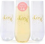 24pk Stemless Plastic Champagne Flutes, 9 Oz - Clear Plastic Wine Glasses - Shatterproof Mimosa Bar Supplies - Disposable Cocktail Glasses, Wine Glass, Plastic Champagne Flutes, Cocktail Cups for Rose