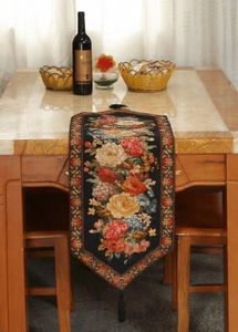 Tache Floral Black Table Runner - Midnight Awakening - Woven Tapestry Country Rustic Table Linen - 13" x 48"