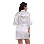 Women's Satin Kimono Bride Robe Bridesmaid Robes with Gold Glitter, Bridal Getting Ready Robes for Wedding Party (L, White-Bride)