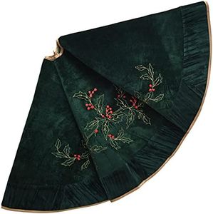 X.Sem Holly Leaf Embroidered Velvet Christmas Tree Skirt with Pleat Velvet Border 50'' Dark Green (Dark Green, 50 inch)