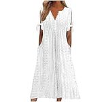 AMhomely Boho Dresses for Women UK Vintage Summer Loose Short Sleeve Beach Swing Dress Ladies Bohemian Floral Print Tunic Dress A Line Daily Dress Bridesmaid Dresses with Pockets Soft White, XL