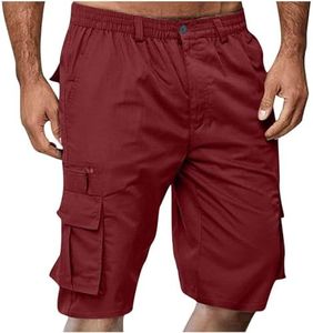 2025 Mens Shorts Casual Elastic Waist Cargo Shorts Knee Length with Pockets Red 3X-Large