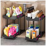 PurKeep 2Pack Under Sink Storage - 2 Tier Sliding Kitchen Storage Under Sink Shelf, Under Cabinet Drawer Organizer with Hooks, for Bathroom Kitchen Countertop, Black