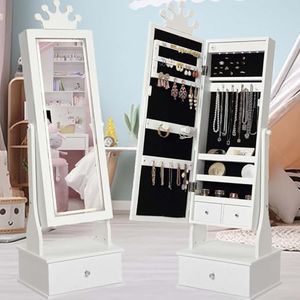 Kids Jewelry Armoire Cabinet With Full-Length Mirror, 46" Freestanding Jewelry Organizer With Storage Drawers, Kids Vanity Dress Up Mirror Jewelry Cabinet for Girls Bithday/Xmas Gifts