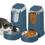2 Pack Automatic Cat Feeder and Stainless Steel Water Dispenser, Dog Food Feeder and Waterer Set for Small Medium Puppy Kitten Pets (1 Gallon x 2, Navy Blue)