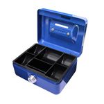 Cathedral Products Key Lockable Cash Box with Lift Out 6 Compartment Coin Tray - 4 Inch - Blue