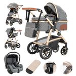 Gcarebb 3 in 1 Prams Travel System, Pushchair with Height Adjustable Handle, Travel Pram with Mosquito Net, Baby Stroller with Aluminum Frame for Newborn 0-4 Years