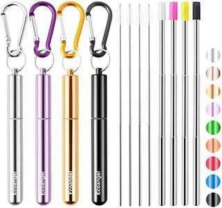 4 Pack Portable Reusable Metal Straw Collapsible Stainless Steel Drinking Straw Telescopic Straw to Drink Water Smoothie with Aluminum Key-chain Case & Cleaning Brush （Black & silver & purple & gold）