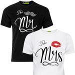 Matching Shirts Set for Couples Him and Her Mr and Mrs Husband Wife T-Shirts Black White Colors Regular Fit Outfits, Black Set, Men L-Women M