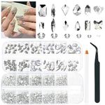 Rhinestones Nail Gems for Nail Art Glass Crystals Nail Rhinestones Shiny Multi Shape Flatback Face Gems with Rhinestones Picker and Tweezers Nail Art Tools (White)