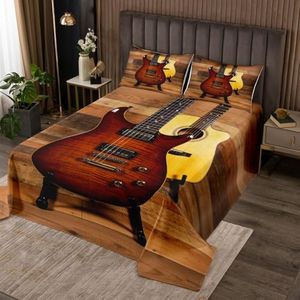 Erosebridal Electric Guitar King Quilt Acoustic Guitar Coverlet Set, Vintage Guitar Shop Bedding Set Brown Wooden Stripe Bedspread Set Retro Farm Style Bed Quilt Musician Room Decor