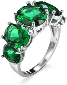 Narica Silver Plated 5-Stones Oval Cut Brilliant Created Emerald Quartz CZ Cubic Zirconia Filled Eternity Halo Cocktail Party Wedding Engagement Proposal Band Women's Ring for Mom Bridal Lover 7#