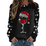 Womens Pullover Sweater Tops Merry Christmas Print O Neck Sweatshirt Round Neck Fit Pullover Tops Casual Long Sleeve Workout Shirts Loose Blouse Wide Neck Hooded Jackets Jeans Red Wine Glass Pattern