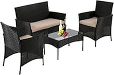 Patio Furniture Set,4 Pieces Outdoor Couch Patio Dining Conversation Set,Rattan Chairs Wicker Sofa with Tempered Glass Table for Porch,Backyard,Lawn,Pool(Black)