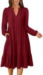 ANRABESS Long Sleeve Dress for Women V Neck 2024 Fall Fashion Casual Loose Fit Flowy Swing Tiered Vacation Dresses Wine Red Large