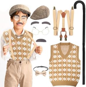 FAYBOX 100 Days of School Old Man Costume for Kids Boys,Halloween Grandpa Costume Accessories Set