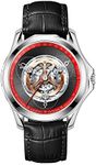 PINDU Automatic Watches for Men, Waterproof Watches for Men Dial Leather Band Skeleton Mechanical Watch 3 Transparent Hour Hand Wave Pattern Sub-dials, 6535 - Silver Case Red Dial, strap