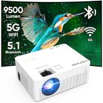 Mini Projector with 5G WiFi and Bluetooth, 9500 Lux Movie Projector, 1080P Full HD Supported Outdoor Projector, Portable Projector Compatible with Smartphone HDMI USB AV AUX