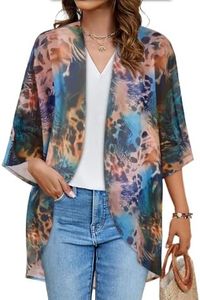 Women's Floral Kimono Print Puff Sleeve Loose Cardigan Cover Up Casual Blouse Tops (Colorful Leopard, M)