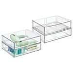 mDesign Wide Plastic Stackable Bathroom Storage Organizer Bin with Pull Out Drawer for Cabinet, Vanity, Shelf, Cupboard, Cabinet, Countertop, Closet Organization - Lumiere Collection - 4 Pack - Clear