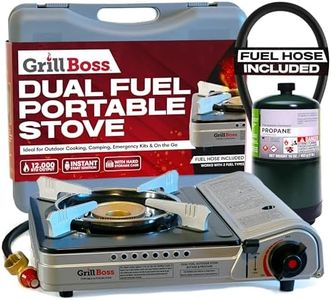 Grill Boss Dual Fuel Camp Stove - 12,000 BTU Butane & Propane Portable Stoves for Camping, Emergencies, BBQ, Hiking & Backpacking - Double Wind Guard, Instant Piezo Ignition System - 90057