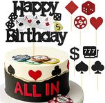 9pcs Casino Happy Birthday Cake Toppers, Casino Poker Dice Cake Decoration Set, Black Red Glitter Casino Chips Heart Cupcake Toppers for Las Vegas Themed Birthday Party Decoration