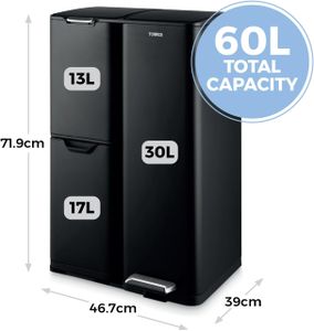Tower 60L Recycling Pedal Bin – Black Stainless Steel Trash Can