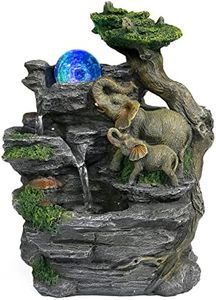 Dyna-Living Fuente de mesa con bola rodante, fuente de poliresina, iluminación LED, multicolor, elefante jardín de rocas, fuente de agua, fuente de agua, fuente de cascada