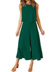 ROYLAMP Women's Summer 2 Piece Outfits Round neck Crop Basic Top Cropped Wide Leg pants Set Jumpsuits Dark Green Small