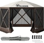 YITAHOME 12x12ft Camping Gazebo, Portable Pop Up Canopy Outdoor Screen Tent 6 Sided with Mesh Windows and Carry Bag for Camping, Picnic, Backyard Party Outside Activities, Brown