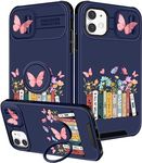 Funermei (2in1) for iPhone 11 Case for Women Cute Girls Phone Cover Butterfly Flower Books Girly Teen Girl Kawaii Pretty Unique Design with Camera Cover and Ring Stand Funda for Apple 11 Case