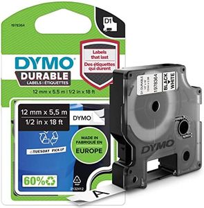 DYMO D1 Durable Label Cassette Tape, 12mm x 5.5m, Black/White