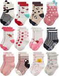 RATIVE Non Skid Anti Slip Cotton Dress Crew Socks With Grips For Baby Infant Toddler Kids Girls (1-3T, 12-pairs/RG-93x)