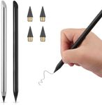 2 Pcs Metal Inkless Pencils Eternal Inkless Everlasting Pencil Metal Mechanical Pencil 0.5 Magic Erasable Pens Eternal Pencil Infinity Reusable Mechanical Pencil with 4 Replaceable Nib (Silver+Black)