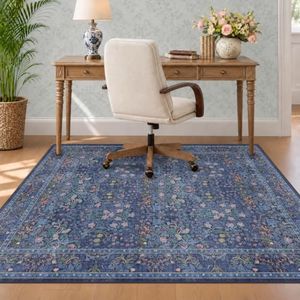 Dark Blue Office Chair Mat for Hardwood Floors, Tile Floor Protector for Heavy Duty Office Chairs, Under Desk Carpet with Anti-Slip & Stain Resistant, Ultra Soft Low Pile Washable Area Rug, 4x5